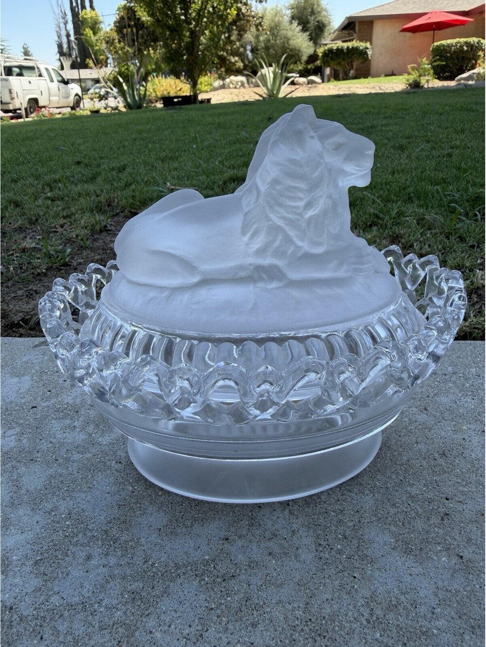 Antique Imperial Glass Satin Frosted Lion Covered Candy Dish Lattice Edge Bowl